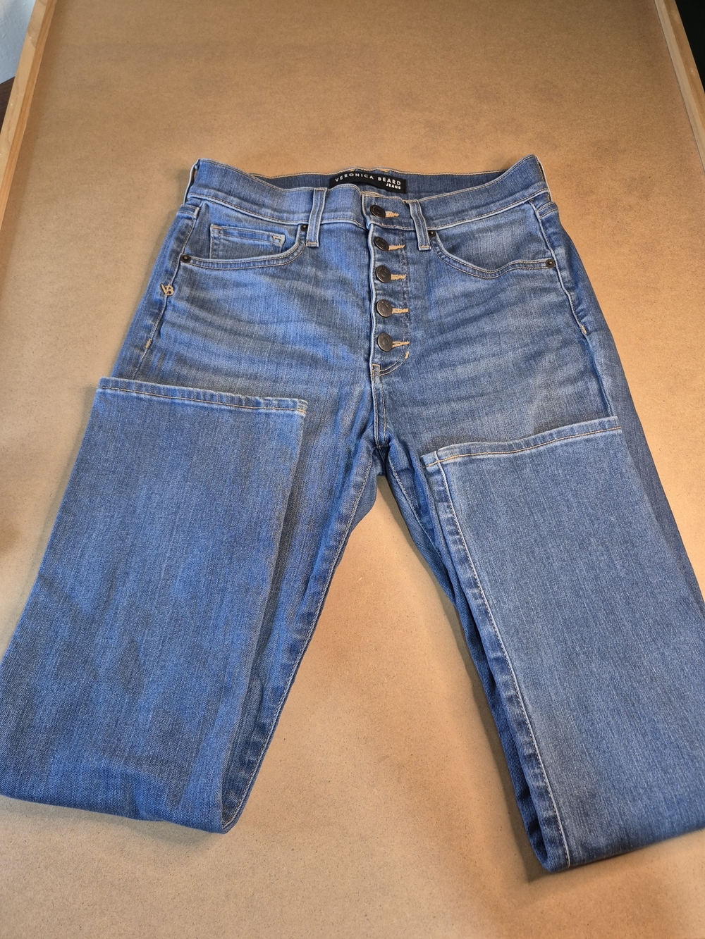 Veronica Beard Two-Tone Blue Straight-Leg Jeans with Button Fly